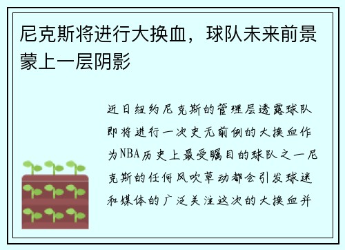 尼克斯将进行大换血，球队未来前景蒙上一层阴影